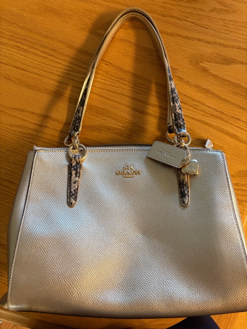 Coach Silver Satchel with Snake-Print Handles Kitt